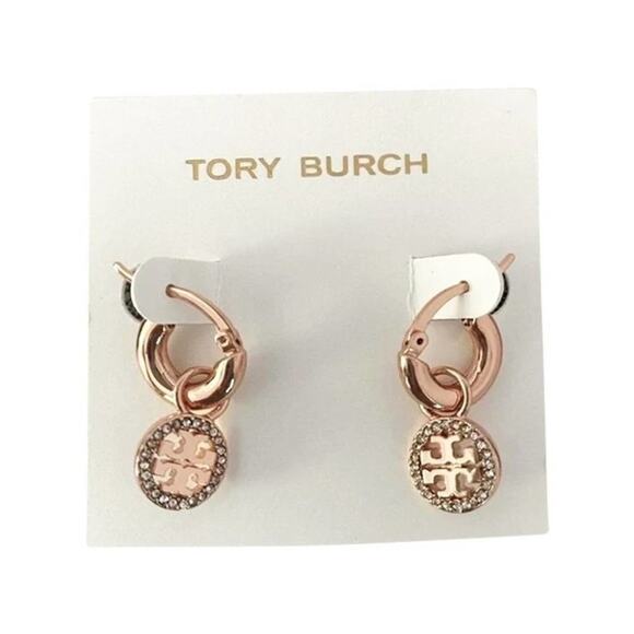 New Tory Burch Rose Gold Pave Drop Hoop Earrings - Picture 4 of 5